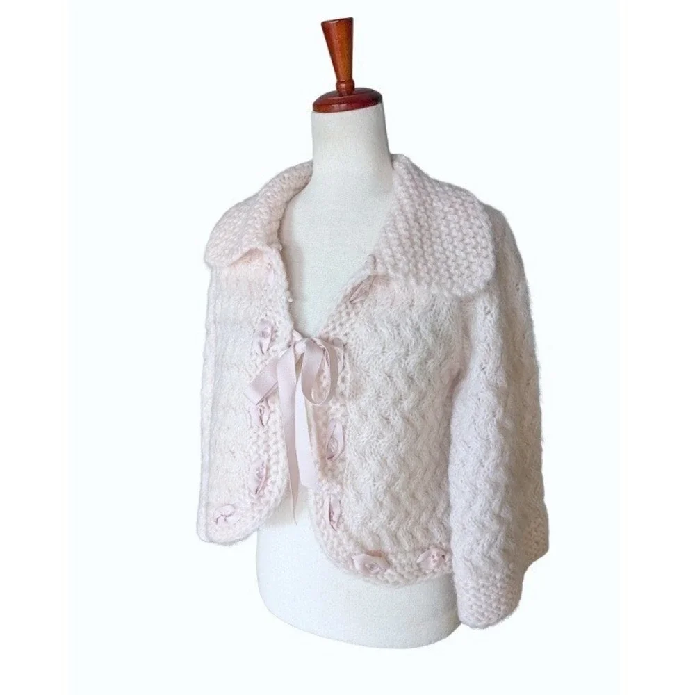 VTG Rebecca Taylor Pink Mohair Blend Cable Knit Ribbon Tie Cardigan Sweater L